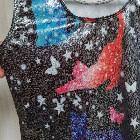 EUC Gymnastics Dance Cheer Leotard black red blue sky cats 150 cm - Picture 2 of 6